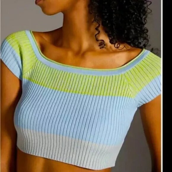 Daily Practice Ribbed Knit Cropped Top Small Blue Green Anthropologie - Picture 1 of 7